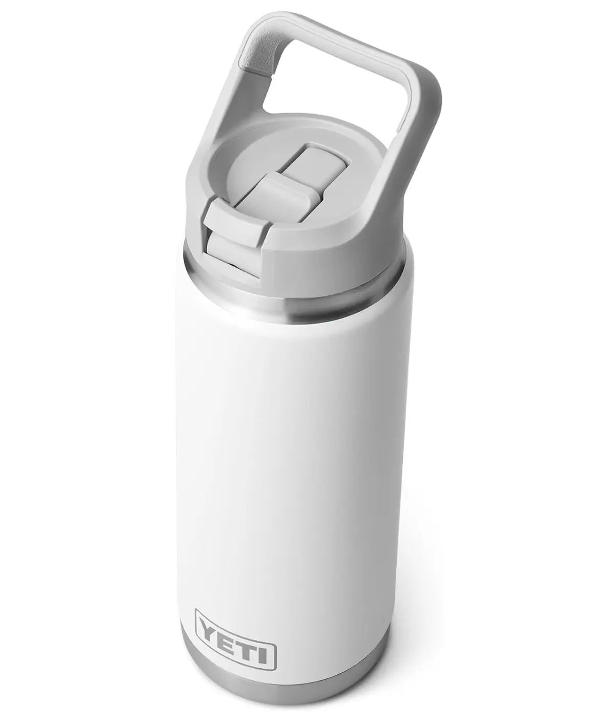 White YETI insulated water bottle with a gray straw cap and carry handle